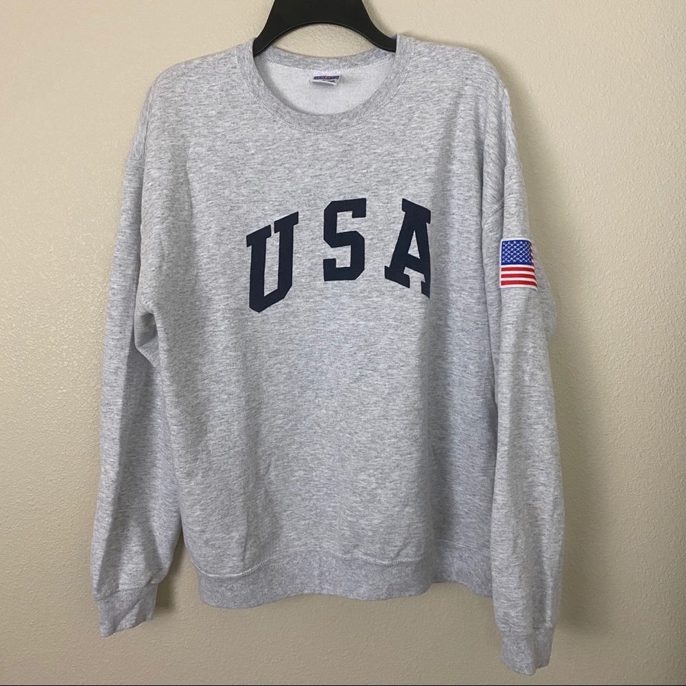 Grey USA Crewneck with American Flag Patch